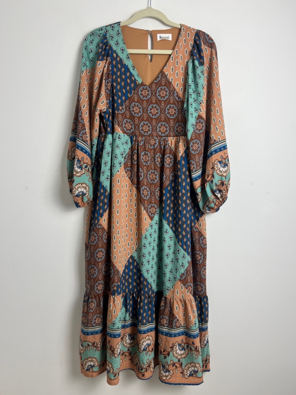 &Merci Small Warm Tone Patchwork V-Neck Long Puff Sleeve Bohemian Midi Dress - Picture 2 of 11